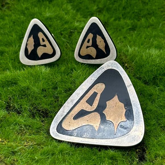 Vintage Mexican Modernist Sterling Silver Brooch & Earrings Set 925 - Picture 1 of 13